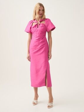 Aje Hot Pink Cutout Midi Dress with Puff Sleeves